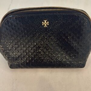 Tory Burch black patent vegan leather quilted zip closure travel make up bag